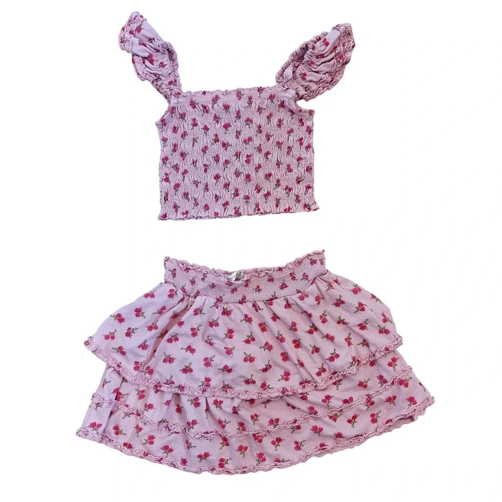LoveShackFancy Girls Pink Floral Smocked Crop Top & Tiered Ruffle Skirt Set 10Y
